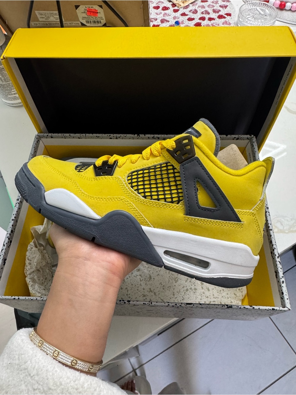 Air Jordan, 4 retro Yellow and Gray Sneaker size 6 kids